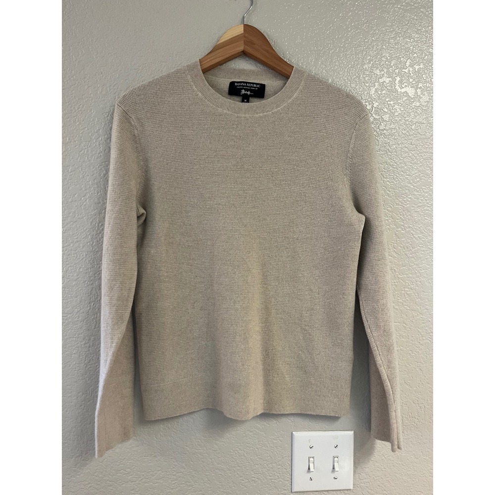 Banana Republic Mens Italian Merino Wool Crewneck Sweater Beige Baruffa Medium